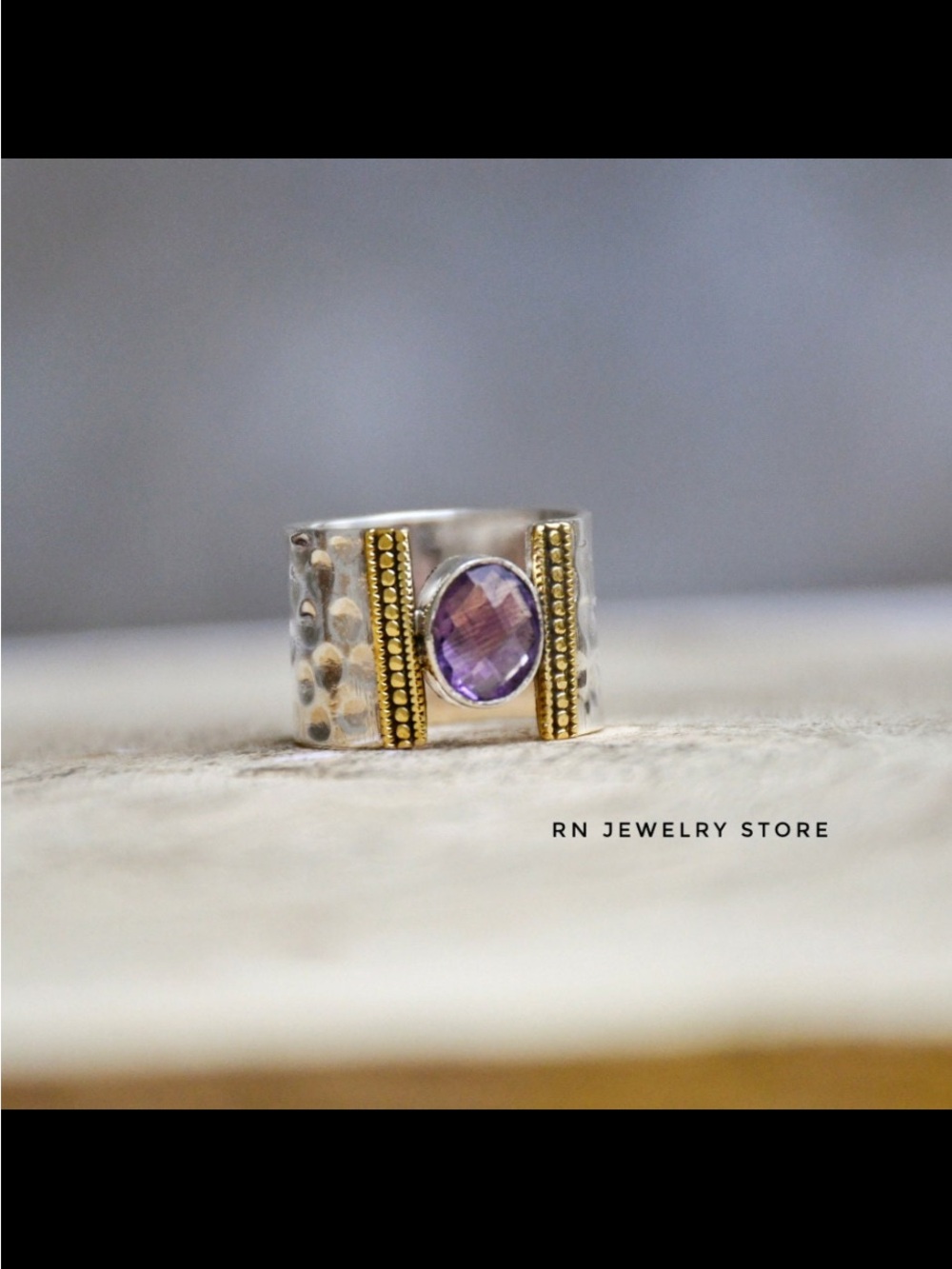Silver Band Ring with Purple Amethyst Accent